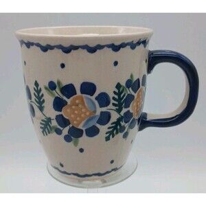 Polish Boleslawiec Blue Floral Mug Hand Painted 3.75” Folk Art Pottery